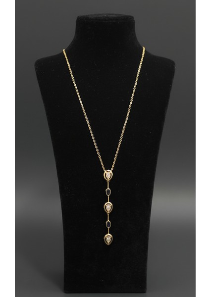 Altın Rengi Zirkon ve Lacivert Taş Detaylı Uzun Sallantılı Kolye fiyatları