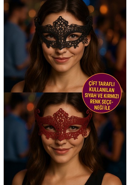 Çift Taraflı Dantelli Maske Siyah Kırmızı Renk Seçeneği Şık Parti ve Kostüm Kullanımı Için Model - 2