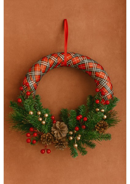 30 cm Yılbaşı Kapı Süsü | Çam Kozalaklı Doğal Çelenk | Duvar Dekoru