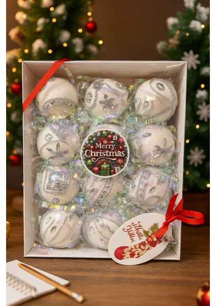 8 cm Beyaz Simli Yılbaşı Ağacı Süsü – Köpük Top Noel Süsleri Seti, Dekoratif Ağaç Topu 12’li