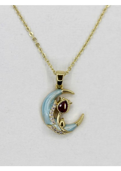 Altın Rengi Mineli Ay Figürlü, Kedi ve Yakut Rengi Taş Detaylı Kolye