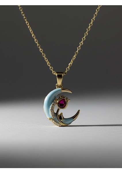 Altın Rengi Mineli Ay Figürlü, Kedi ve Yakut Rengi Taş Detaylı Kolye modelleri