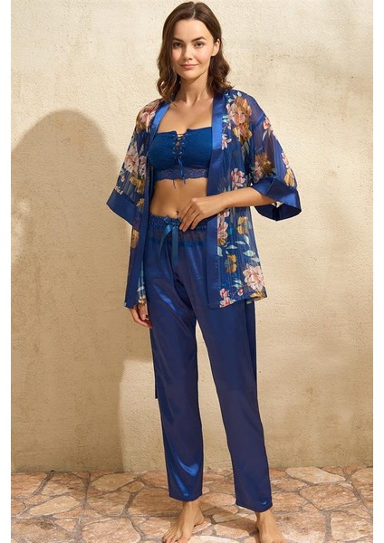 Tül Çiçek Baskılı Sabahlık Balensiz Desteksiz Dolgusuz Dantelli Büstiyer Sütyen ve Saten Pantolon Pijama 3'lü Takım AX21772