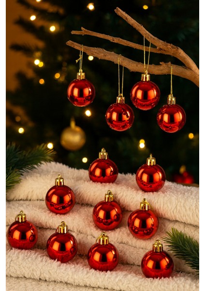 12’li Kırmızı Cici Top Yılbaşı Süsü Seti | 6 - 8 - 10 cm Seçenekli Parlak Çam Ağacı Topu Christmas