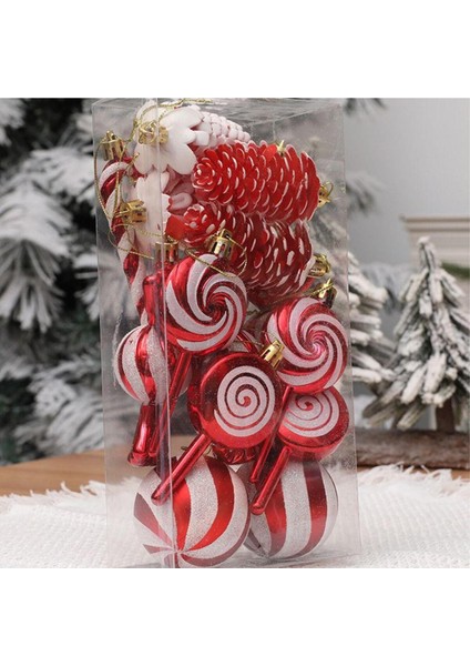 17 Adet Plastik Lolipop Çam Kozalağı Kolye Şeker Kamışı Cici Top Baston Çam Ağacı Süs Pakedi Kırmızı