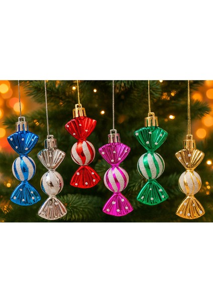 6’li Şeker Şeklinde Yılbaşı Süsü 9 cm | Renkli Çam Ağacı Dekoru Seti Şeker Süs