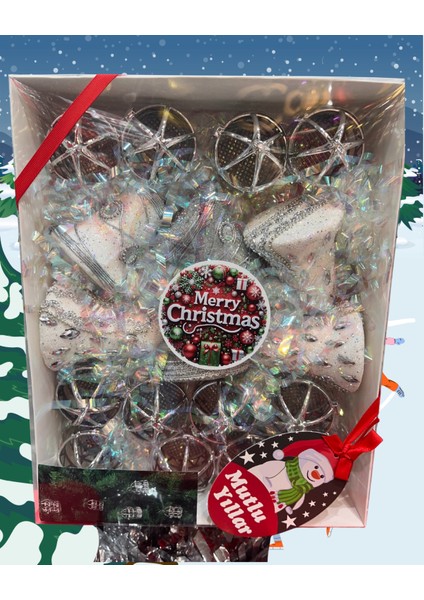 Gümüş 18'li Yılbaşı Süs Seti – Parlak Metalik Çan, Noel Ağacı Dekorasyonu, Işıltılı Kutulu