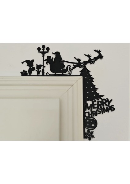 İHTIYACIN3D Siyah 3D Baskı Kapı Köşe Süsü – Merry Christmas Silüeti & Kızak Pla Dekor 2 Adet