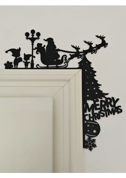 İHTIYACIN3D Siyah 3D Baskı Kapı Köşe Süsü – Merry Christmas Silüeti & Kızak Pla Dekor 2 Adet modelleri