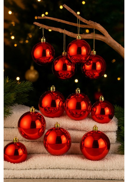 12’li Kırmızı Cici Top Yılbaşı Süsü Seti | 6 - 8 - 10 cm Seçenekli Parlak Çam Ağacı Topu Christmas