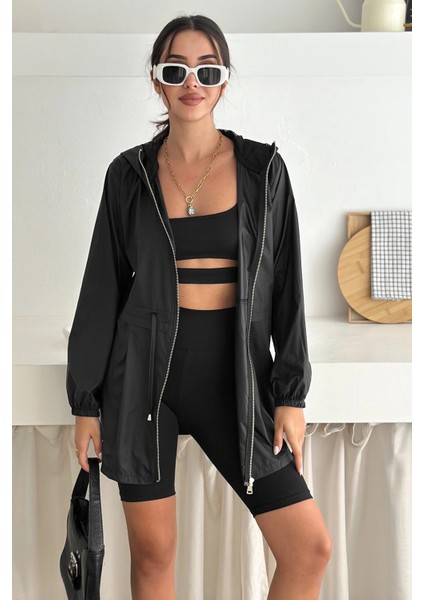 Kapşonlu Fermuarlı Bağcıklı Uzun Yağmurluk