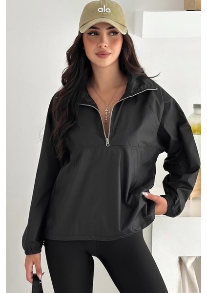 Yarım Fermuarlı Stoperli Siyah Yağmurluk