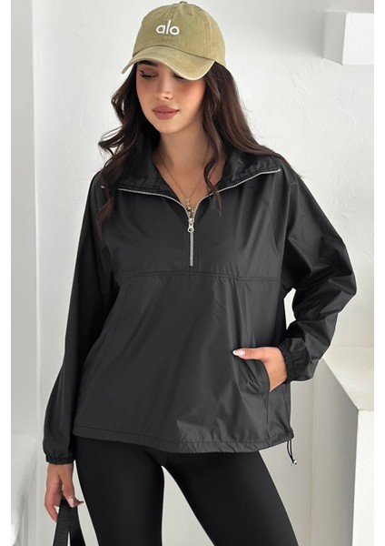 Yarım Fermuarlı Stoperli Siyah Yağmurluk modelleri