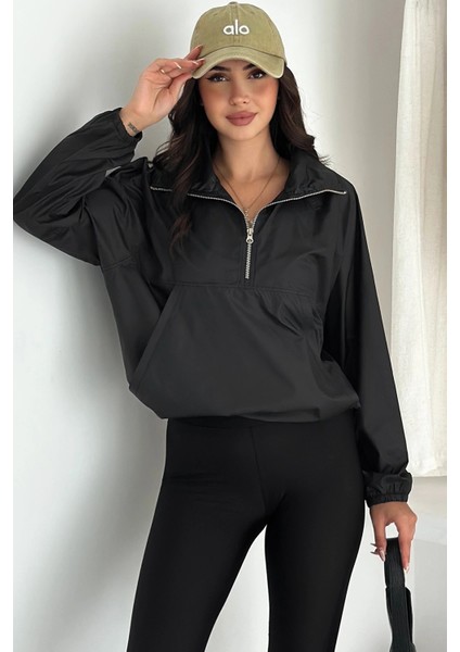 Yarım Fermuarlı Stoperli Siyah Yağmurluk indirimleri