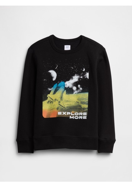 Erkek Çocuk Siyah Bisiklet Yaka Grafik Sweatshirt