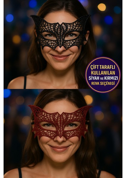 Dantelli Çift Renk Siyah Kırmızı Maske Şık Parti Kostüm Aksesuarı Kadın Yüz Maskesi Model - 6