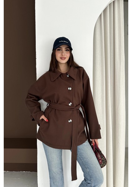 Belden Bağlamalı Düğmeli Kısa Kaşe Kaban fırsatları