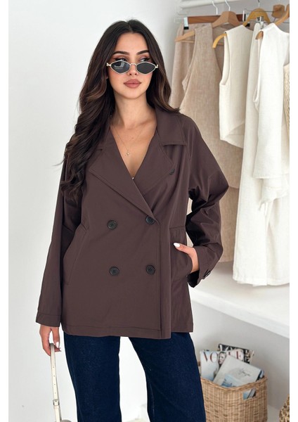 Kısa Trençkot Düğmeli Acı Kahve