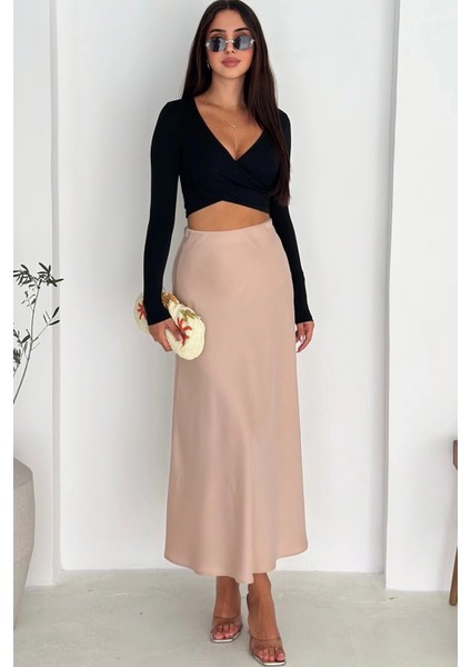 Bej Yanı Fermuarlı Çan Dökümlü Saten Etek fiyatları