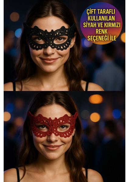 Çift Taraflı Dantelli Maske Siyah ve Koyu Kırmızı Renk Seçenekli Şık Parti ve Kostüm Aksesuarı Model - 5