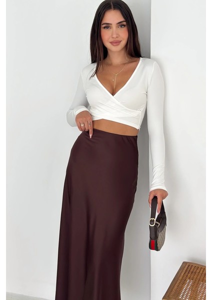 Acı Kahve Yanı Fermuarlı Çan Dökümlü Saten Etek