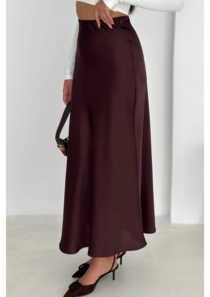 Acı Kahve Yanı Fermuarlı Çan Dökümlü Saten Etek modelleri