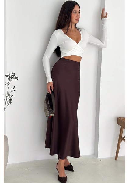 Acı Kahve Yanı Fermuarlı Çan Dökümlü Saten Etek indirimleri