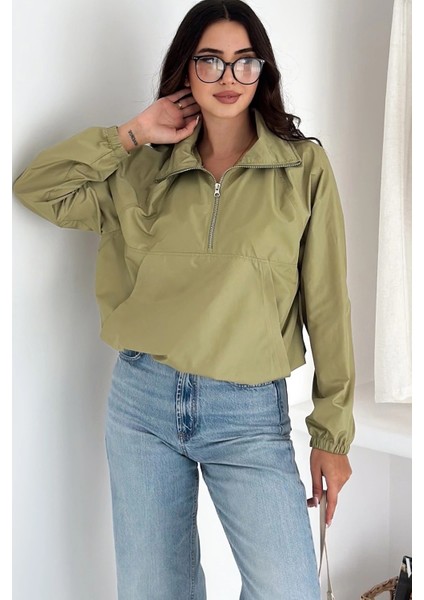 Yarım Fermuarlı Stoperli Fıstık Yeşili Yağmurluk indirimleri