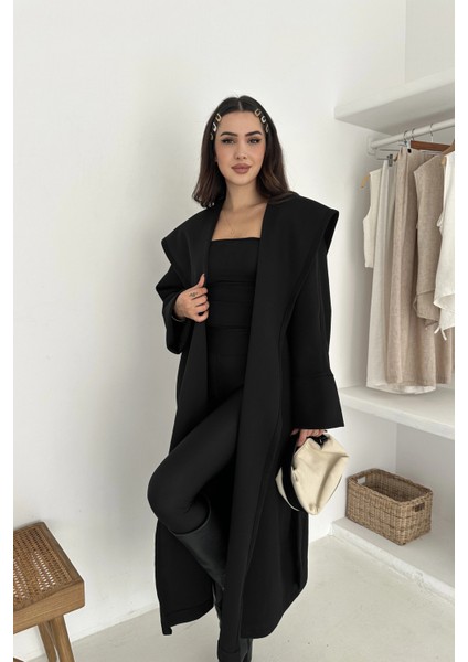 Belden Bağlamalı Uzun Kapşonlu Kaşe Kaban fırsatları