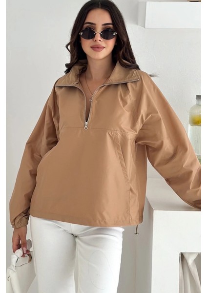 Yarım Fermuarlı Stoperli Camel Renk Yağmurluk fiyatları