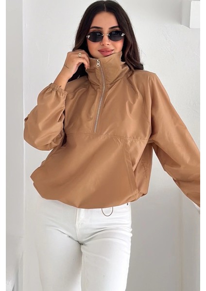 Yarım Fermuarlı Stoperli Camel Renk Yağmurluk modelleri