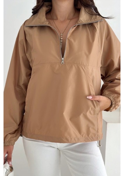 Yarım Fermuarlı Stoperli Camel Renk Yağmurluk fırsatları
