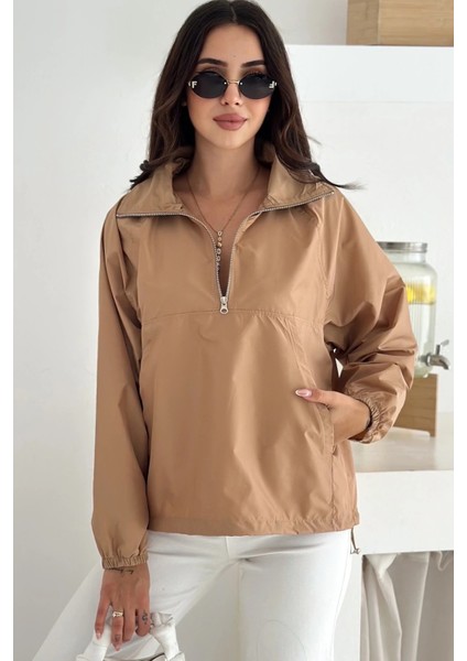 Yarım Fermuarlı Stoperli Camel Renk Yağmurluk indirimleri