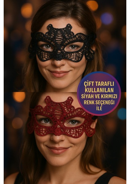 Çift Taraflı Dantelli Maske Siyah ve Kırmızı Renk Seçenekli Şık Parti ve Kostüm Aksesuarı Model - 4