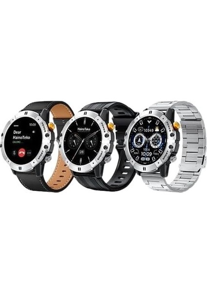 Hainoteko RW58 Executive – Çizilmeye Dayanıklı Yuvarlak Ekran, 3 Kordon Seti, Kablosuz Şarjlı Premium Akıllı Saat
