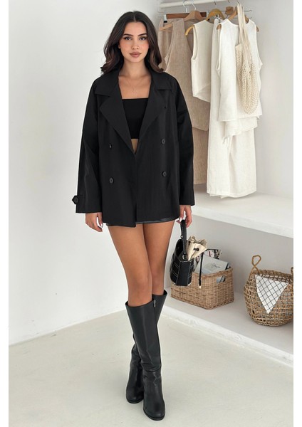 Kısa Trençkot Düğmeli Siyah