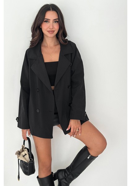 Kısa Trençkot Düğmeli Siyah fırsatları