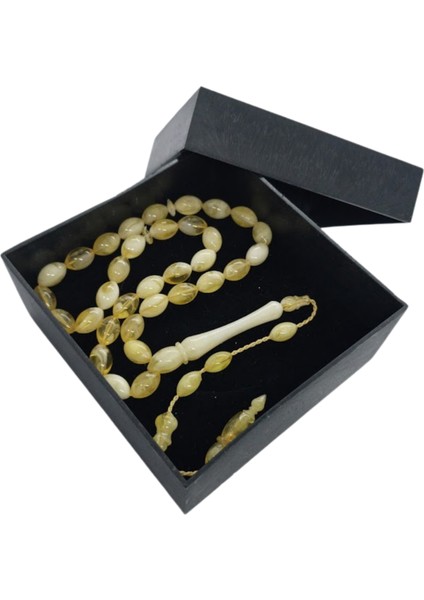 Damla Kehribar Renk Tesbih,Sistemli Model Püskül 33 Taneli Hediye Kutulu Tespih.