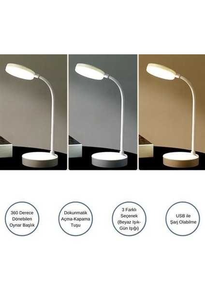 Buffer® Yuvarlak Usbli Dokunmatik 3 Kademeli 360 Derece Özel Göz Korumalı LED Lityum Masa Lambası