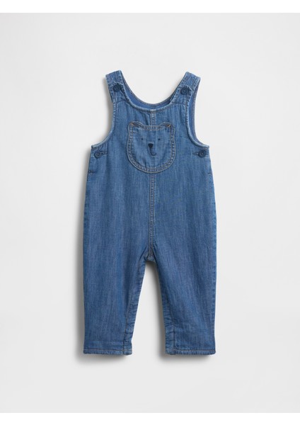 Bebek Mavi Cozy-Lined Denim Ayı Cepli Tulum