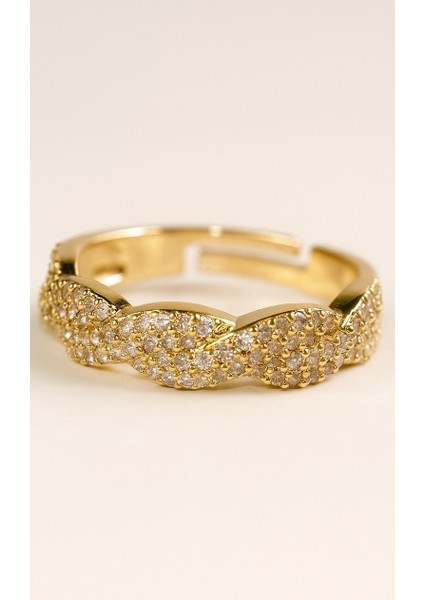 Dalgalı Mikro Zirkon Taşlı Ayarlanabilir Altın Tonu Yüzük