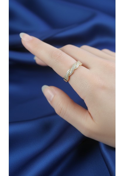 Dalgalı Mikro Zirkon Taşlı Ayarlanabilir Altın Tonu Yüzük