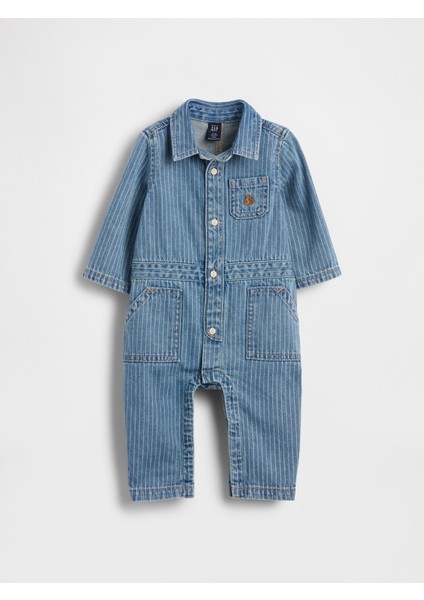 Bebek Mavi Denim Çizgili Utility Tulum
