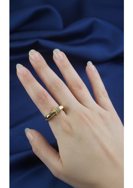 Geometrik Tasarım Üçlü Zirkon Taşlı Altın Tonu Ayarlanabilir Yüzük