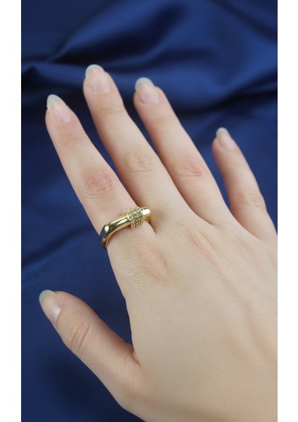 Geometrik Tasarım Üçlü Zirkon Taşlı Altın Tonu Ayarlanabilir Yüzük