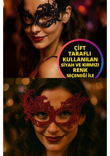 Çift Taraflı Dantel Maskeli Siyah Kırmızı Renk Seçenekli Şık Masquerade Yüz Aksesuarı Parti Stil Model - 7