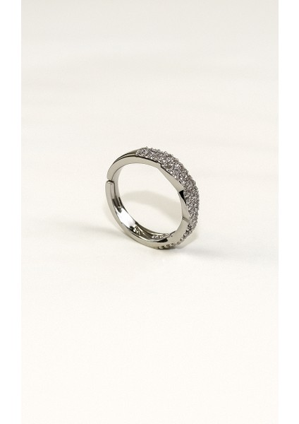 Dalgalı Mikro Zirkon Taşlı Ayarlanabilir Gümüş Tonu Yüzük