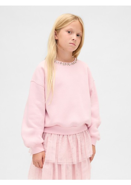 Kız Çocuk Pembe Süslü Dolman Sweatshirt
