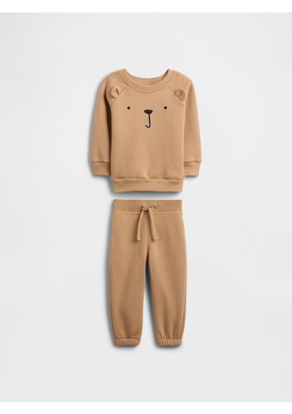 Bebek Koyu Bej Fleece Two-Piece Outfit Set