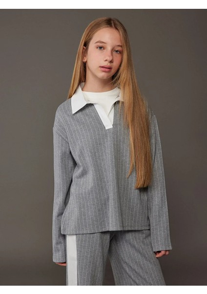 Kids Gri Polo Yaka Pamuklu Interlok Kumaş Çizgili Kız Çocuk Sweatshirt ve Tayt Takım